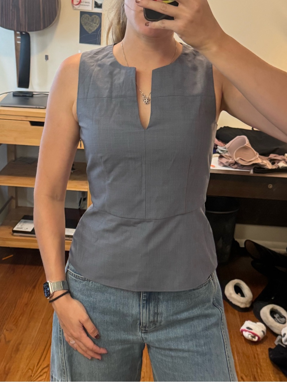 Theory Women's Slate Gray Blue Sleeveless Shell Top v peplum petite small